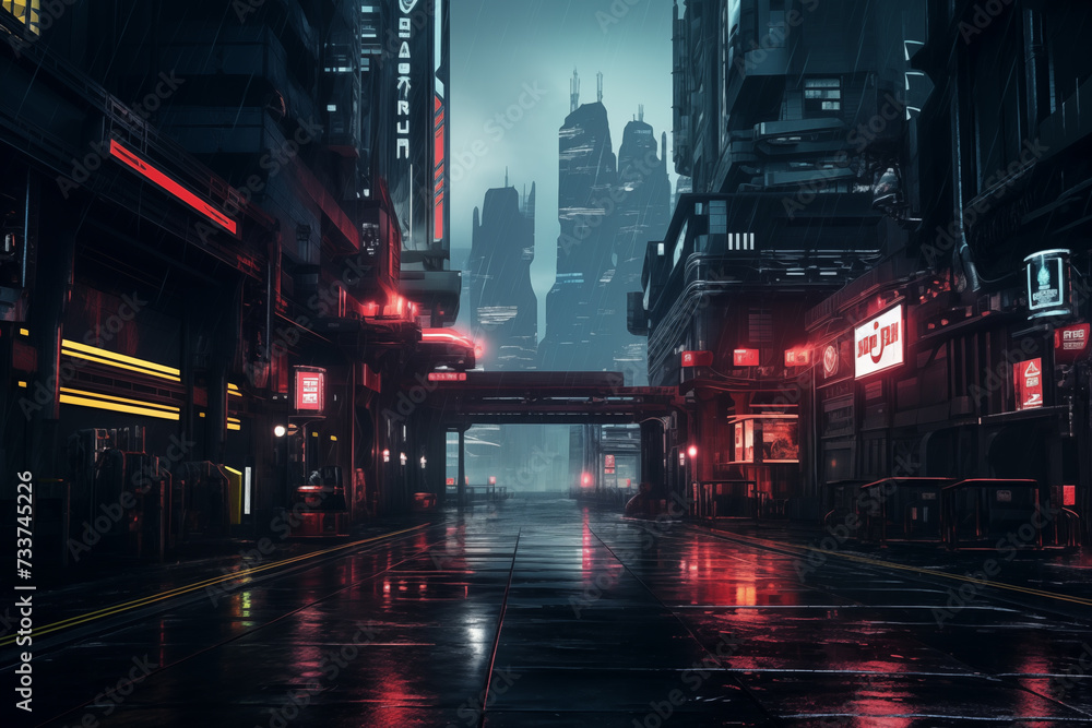 Cyberpunk neon city. Futuristic urban landscape with high tech buildings and glowing lights. Future cityscape painting, dystopic wallpaper background