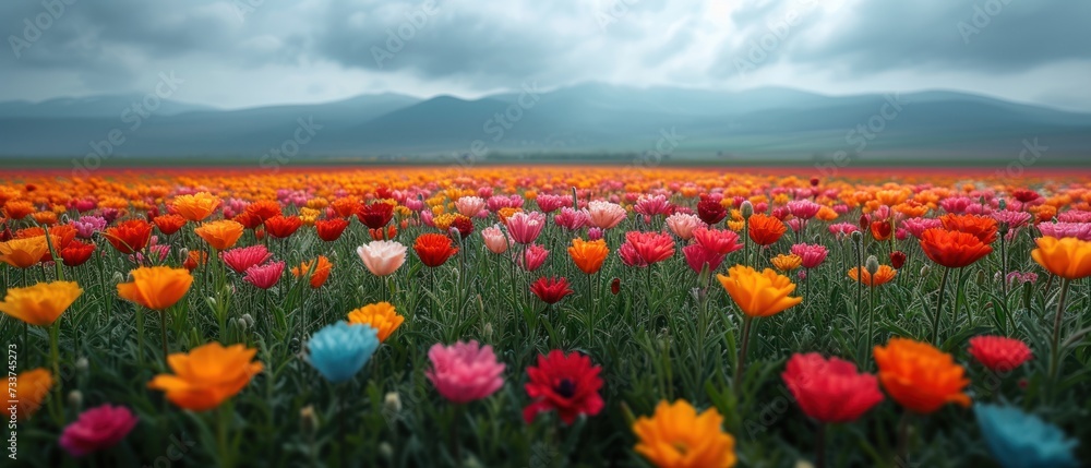 Bright multicolored tulip field in spring. Picturesque natural landscape