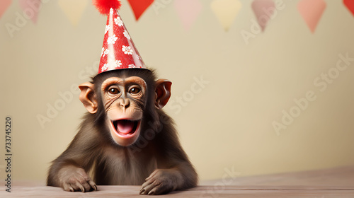 Funny monkey with birthday party hat on background