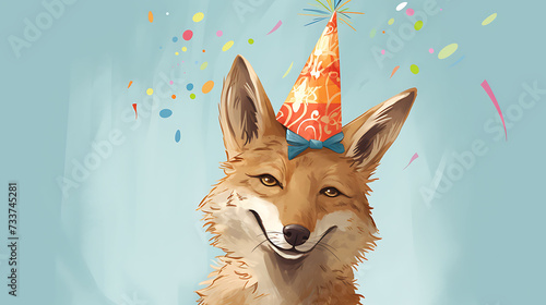 Funny coyote with birthday party hat on background