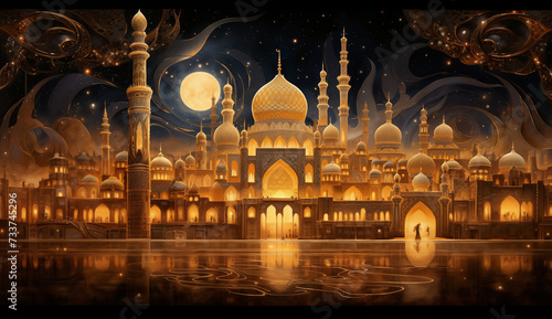 golden muslim mosque on abstract sky background at night