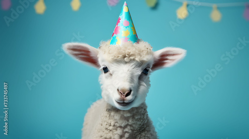 Funny lamb with birthday party hat on background