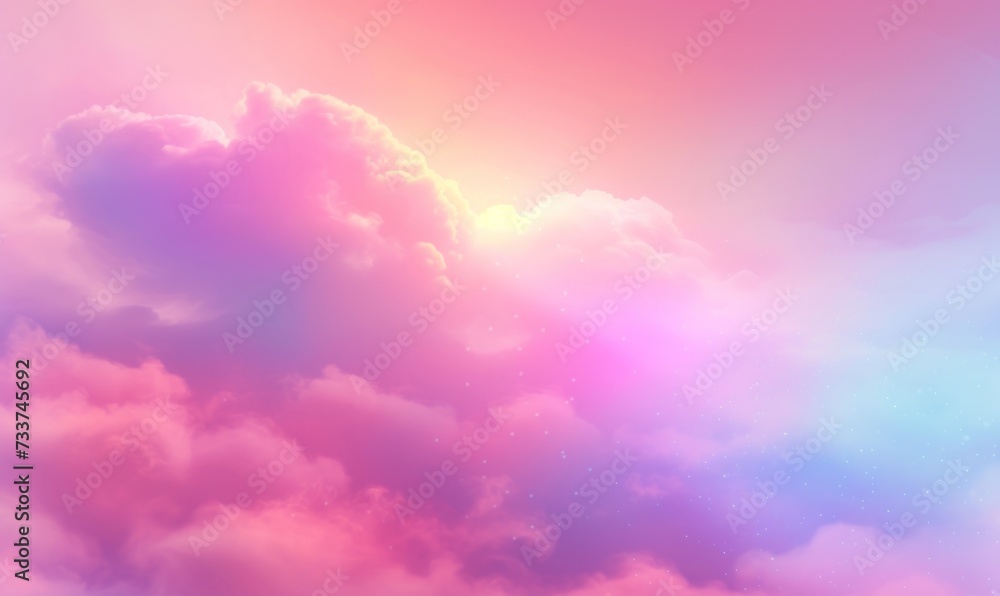 Rainbow princess background, soft pink dawn made in realistic style with clipping mask. Fantasy unicorn sky pearlescent backdrop. Cute unusual holographic wallpaper.