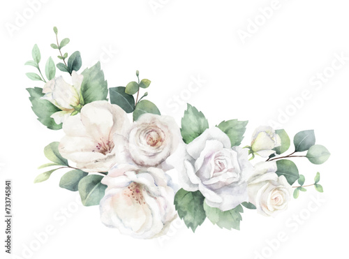 Watercolor vector floral wreath. White roses and greenery. Branches of eucalyptus. Perfect for wedding, greetings, wallpapers, fashion, fabric, home decoration. Hand painted illustration. © ElenaMedvedeva