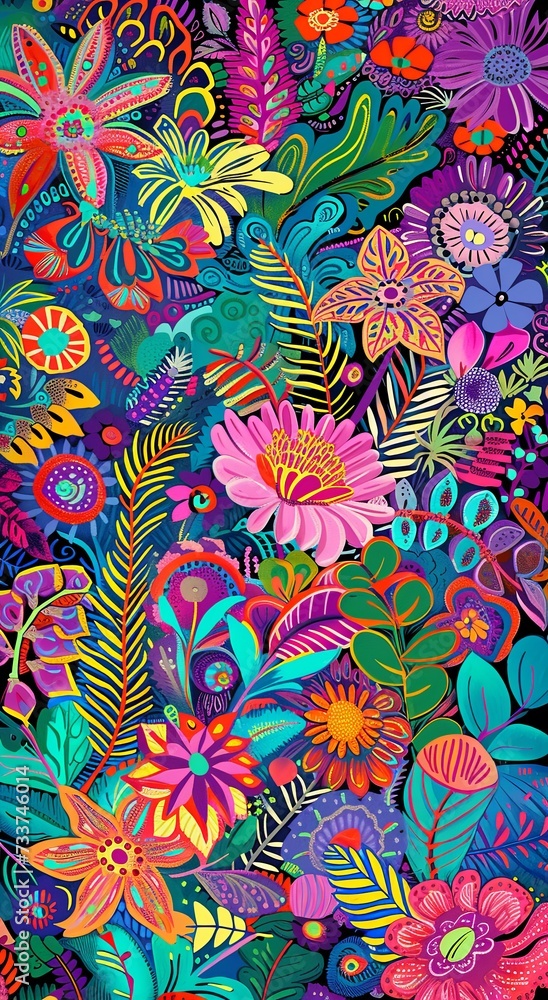 Very colorful image of a flowers and plants, in the style of intricate textile designs, bright colors, bold shapes, intricate illustrations art, junglepunk, pictorial fabrics, intricate foliage. Very colorful image of a flowers and plants, in the style of intricate textile designs, bright colors, bold shapes, intricate illustrations art, junglepunk, pictorial fabrics, intricate foliage.