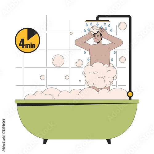 4 minute shower line cartoon flat illustration. Indian man showering bathtub 2D lineart character isolated on white background. Reduce electricity usage. Water saving at home scene vector color image