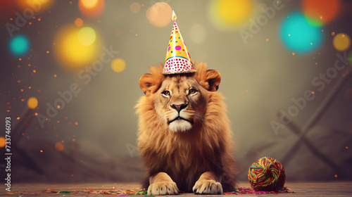 Funny lion with birthday party hat on background