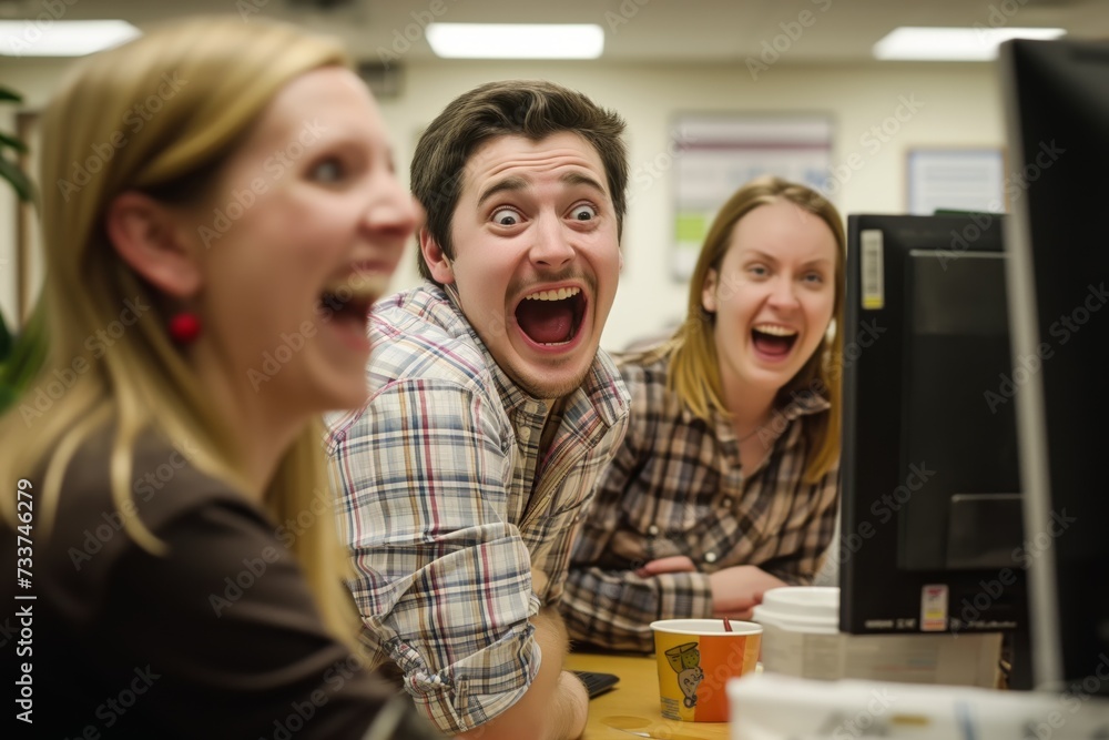Office scene with coworkers man and women engaging in funny video watching on computer. Cheerful people have fun on April Fools Day during break at workplace Office scene with coworkers man and women engaging in funny video watching on computer. Cheerful people have fun on April Fools Day during break at workplace