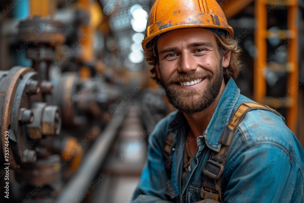 A cheerful and positive professional gas operator in a hard hat at an industrial site. A cheerful and positive professional gas operator in a hard hat at an industrial site.