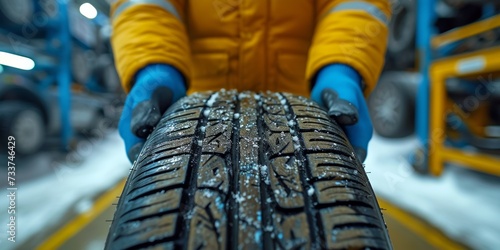A closeup of a technician's hand changing a black tire with a tread pattern.