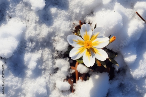 White flower grows through the snowy ground. New plant life. Winter, top view.