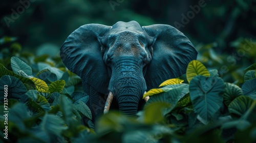 Elephant Amidst Lush Foliage: Majestic elephant standing amidst lush green foliage in a serene natural habitat