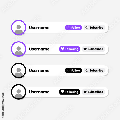 Social media lower third. Follow and subscribe button banner template. Following and subscribed buttons for twitch channel.