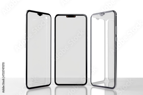 Modern smart phone with thin and round edges with transparent screen and background. Showcase in three position. Screen mockup for app presentation