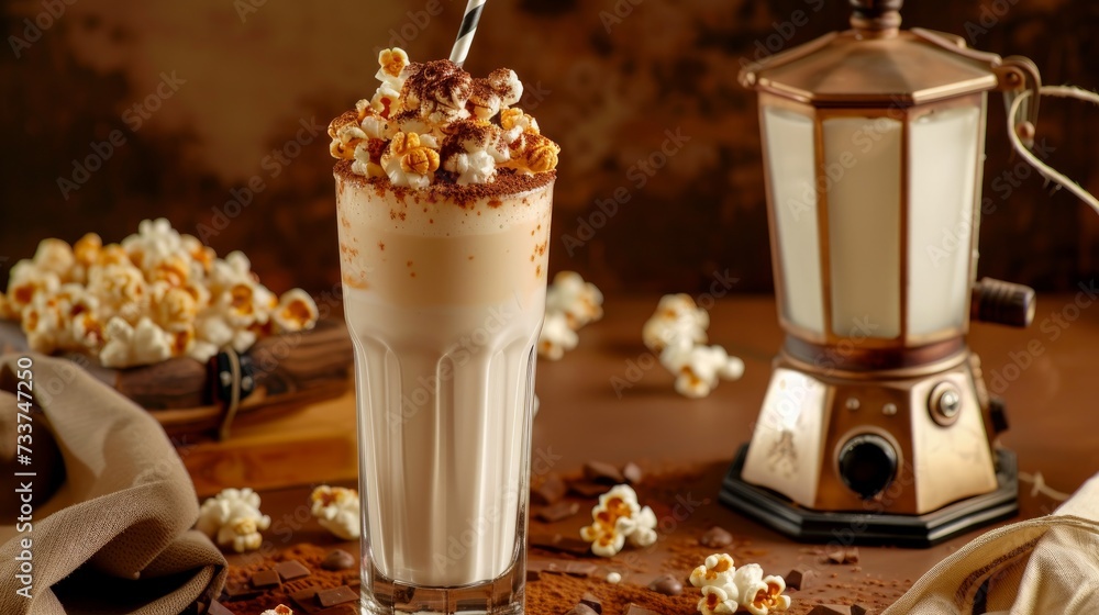 Chocolate milkshake with popcorns next to coffee grinder