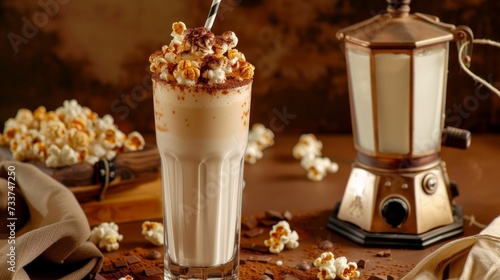 Chocolate milkshake with popcorns next to coffee grinder