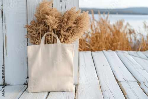 Fall mockup with tote bag blank and dry reeds on white wood background. Sale mock up. Shopping bag, handbag. Ecological concept.