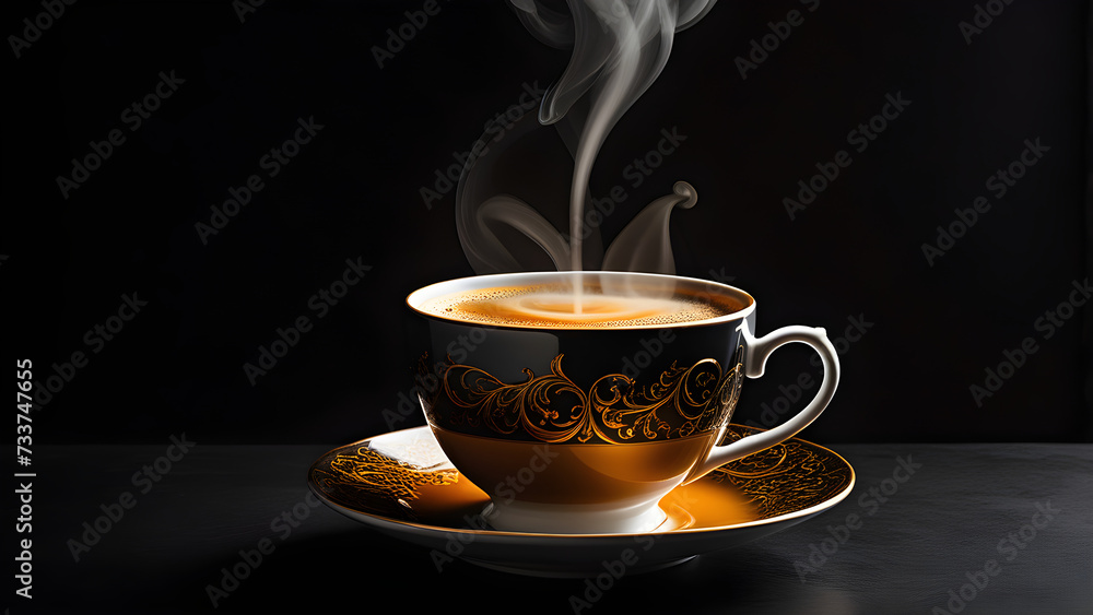 An image of a cup of warm coffee on a black background. Generative ai. An image of a cup of warm coffee on a black background. Generative ai.
