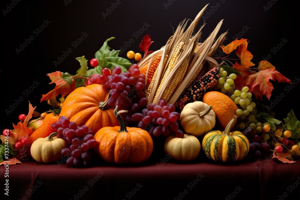 illustration of Thanksgiving cornucopia filled with autumn vegetab, Generative ai