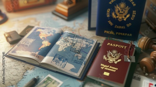 Open travel passport with many stamps on it on the world map. Tourism and travel concept. photo