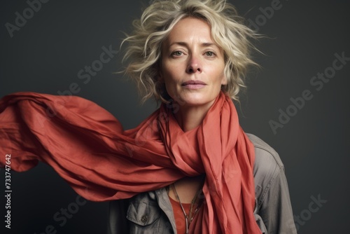 Portrait of a beautiful middle aged woman with blond hair and red scarf