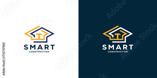 Creative Simple Smart Construction Logo. Graduation Hat and Hammer with Linear Outline Style. Home Architecture Study Logo Icon Symbol Vector Design Template.