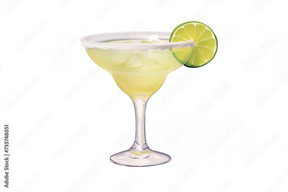 Watercolor margarita drink with lime, isolated on white background. Watercolour cocktail illustration.