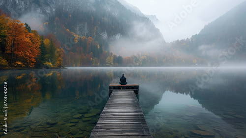Man sitting on foggy lake dock surrounded by autumn foliage