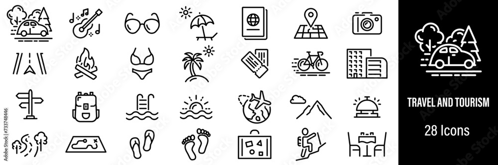 Travel and Tourism Web Icons. Road Trip, Beach, Hotel, Summer Vacations, Camping. Vector in Line Style Icons Travel and Tourism Web Icons. Road Trip, Beach, Hotel, Summer Vacations, Camping. Vector in Line Style Icons