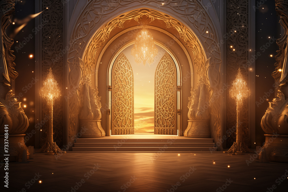beautiful muslim golden gate to heaven with sunlight