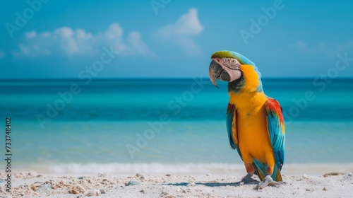 Selective focus red and blue macow parrot bird on the beach with sea background. Colorful big Macaw parrot at the beach. Closeup colorful bright parrot on beach at tropical island