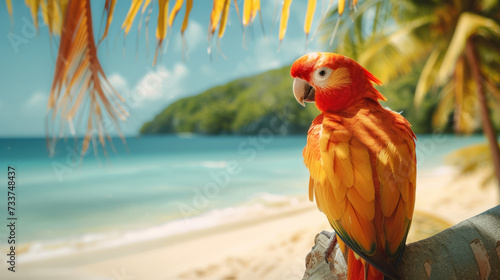 Selective focus red and blue macow parrot bird on the beach with sea background. Colorful big Macaw parrot at the beach. Closeup colorful bright parrot on beach at tropical island photo