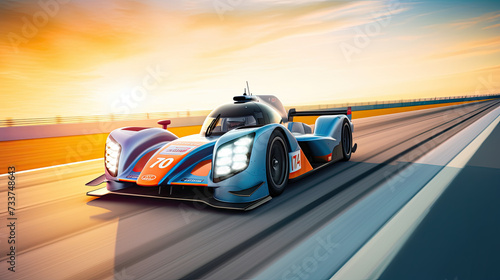 A sleek blue and orange race car speeds on a track during sunset showcasing motion blur and dynamic racing design