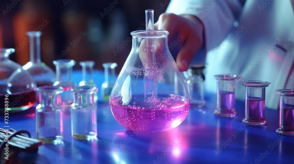 Laboratory experiment with pink liquid in a flask, scientific research Laboratory experiment with pink liquid in a flask, scientific research