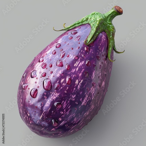 Vibrant Illustration of a Three-Dimensional Eggplant with waterdrops on a darkl Background photo