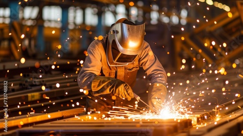 Welder welding steel metal, close up image of an industry worker
