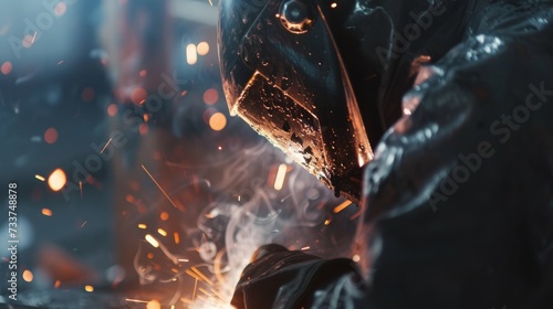 Welder welding steel metal, close up image of an industry worker photo