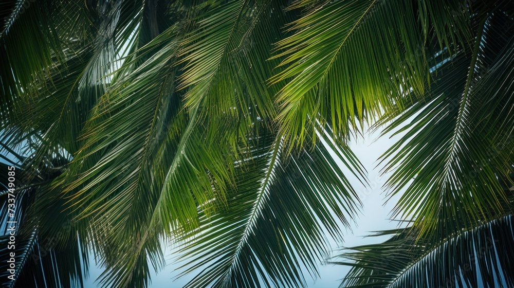 A close up of a palm tree with the sky in background, AI