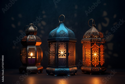 three lanterns with candles shine at night in the dark, Ramadan concept