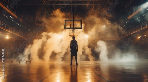 Basketball player standing in front of a basketball hoop, wide angle shot, smoke and light effect photo