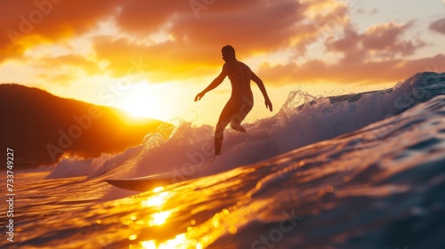 Silhouette of a young man surfing the waves at the beach at sunset © Elvin