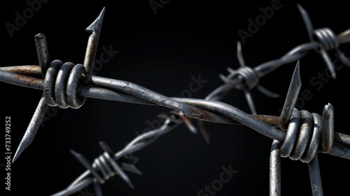 Closeup of metal barbed wire on black background. Symbol of prison and freedom