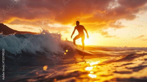 Silhouette of a young man surfing the waves at the beach at sunset © Elvin