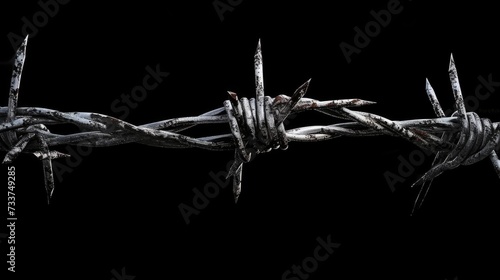 Closeup of metal barbed wire on black background. Symbol of prison and freedom photo