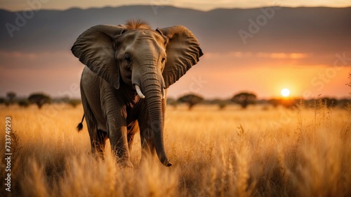 An elephant is walking in the grass at sunset. Generative AI.
