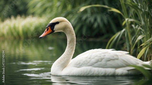 A white swan swimming in a pond near some reeds. Generative AI.