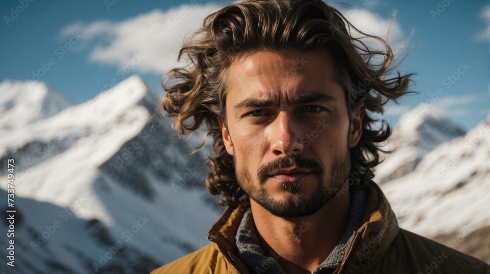 A man with long hair and a beard standing in front of mountains. Generative AI. A man with long hair and a beard standing in front of mountains. Generative AI.