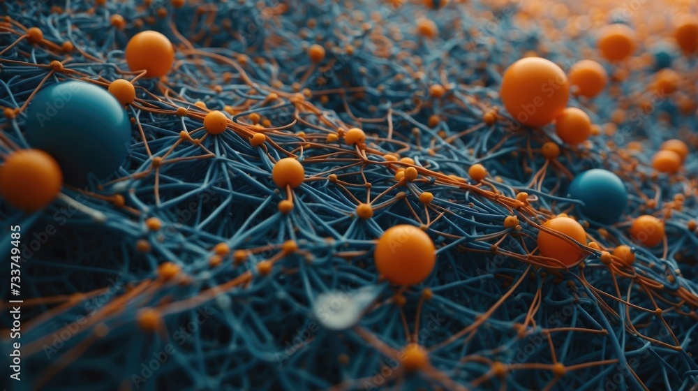 A close up of a network of orange and blue balls. Generative AI. - obrazy, fototapety, plakaty 