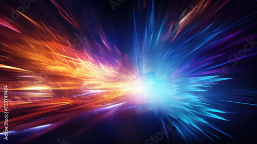 An abstract imagery of an explosive burst of bright blue and orange light with dynamic streaks suggesting energy and motion