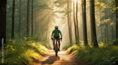 A person riding a bike through a forest. Generative AI.